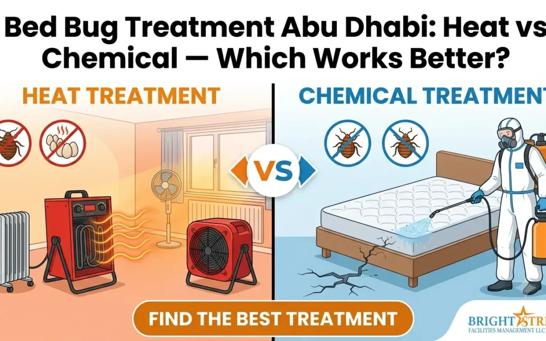 Technician performing professional bed bug treatment in an Abu Dhabi bedroom using heat and chemical methods to eliminate bed bugs.