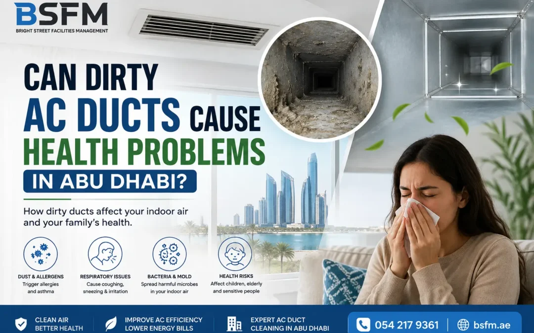 Dirty AC ducts in Abu Dhabi affecting indoor air quality and potentially causing respiratory irritation, allergies, and other health concerns.