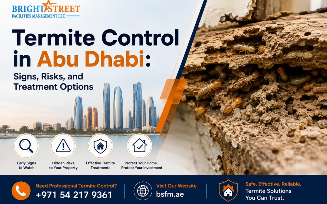 Termite control in Abu Dhabi with professional inspection, termite damage assessment, and treatment solutions by BSFM